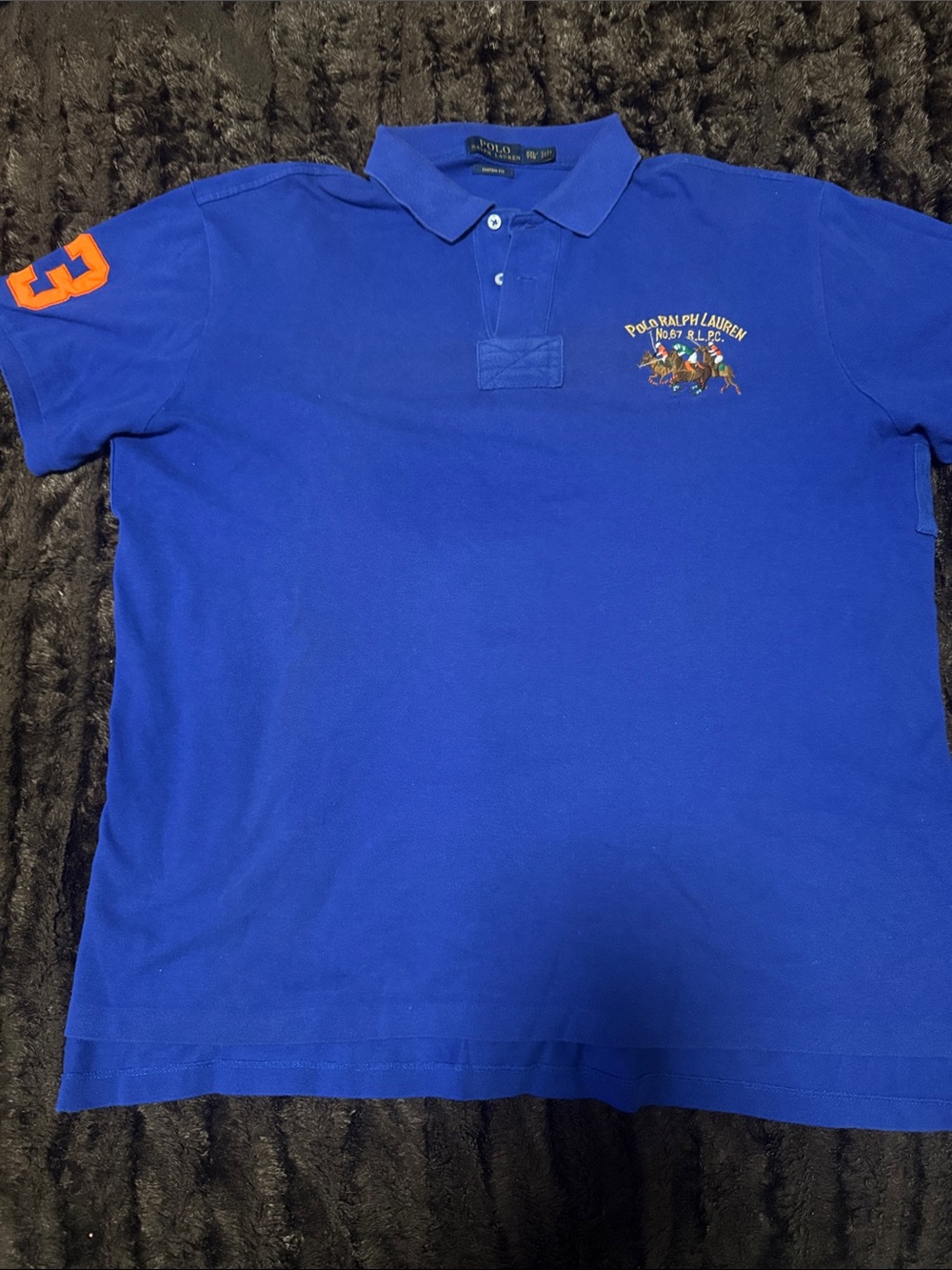 Polo by Ralph Lauren Men's Bright Blue Polo with Orange Sleeve Number